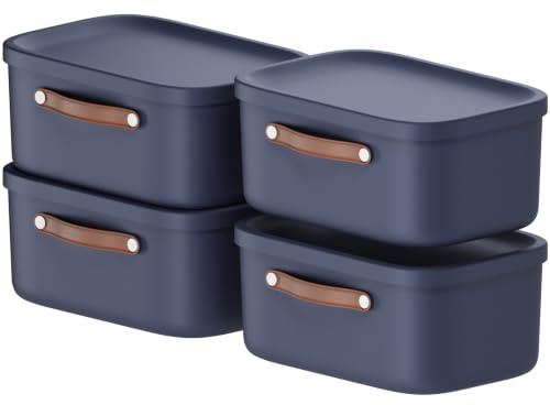 Rotho Maloja Aufbewahrungsbox mit Deckel 4er-Set 12 L stapelbar in Blau | Aufbewahrungsboxen, Stapelboxen, 4er-Set, 12 L je Box, Deckel zum Abdecken, Trageriemen, stapelbar, Kunststoff, Blau