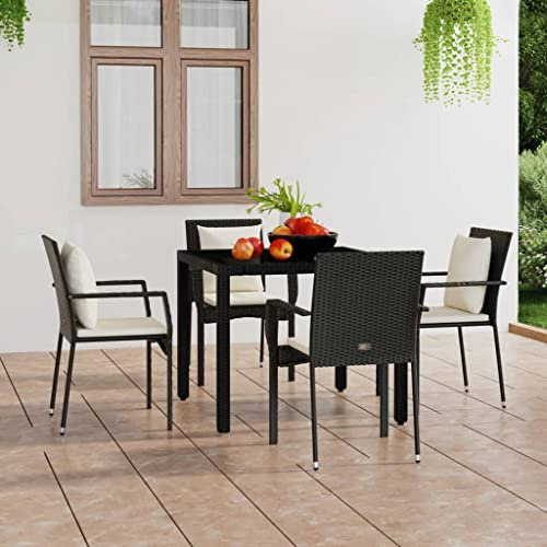 AUVYI Sillas de jardín con cojín, 5 unidades, polirratán, color negro, 59 x 53,5 x 88 cm, cojín de respaldo, sofá, bar, comedor, grupo de bancos de esquina, sillón de salón, sillón exterior, balcón,