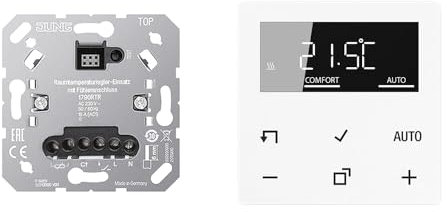 JUNG Home Raumthermostat-Set mit 1790RTR Raumtemperaturregler-Einsatz mit Fühleranschluss + BTA1791WW Raumthermostat-Display Glas Alpinweiß Serie A