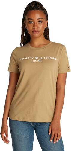 Tommy Hilfiger Damen T-Shirt Kurzarm Logo Rundhalsausschnitt, Beige (Safari Canvas), XS