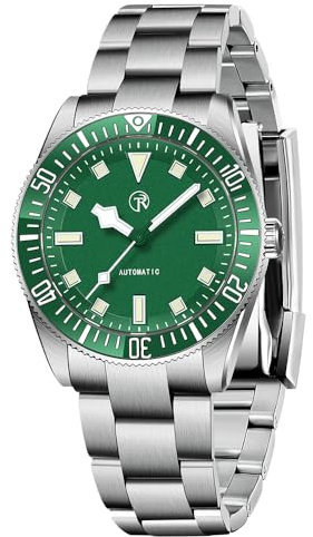 RollsTimi 7910 Herren Armbanduhr NH35, Automatikuhr, selbstaufziehend, Edelstahl, 100 m wasserdicht, Keramik Lünette, verschraubte Krone, stilvolle lässige Armbanduhr, grün, Armband