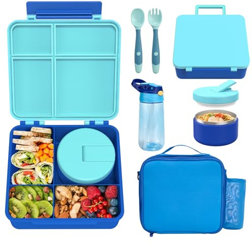 Pawtong Kids Bento Lunch Box with 8oz Soup Thermo, Water Bottle, Kids Leakproof Lunch Food Containers with 4 Compartment, Kids Insulated Hot Food Jar with Lunch Bag for School, Trvael (Blue), Middle