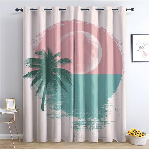 THYUNQ Vorhänge Hawaii Tropisch Motiv, Vorhang Blickdicht Verdunklungsvorhänge Thermovorhang mit Ösen, Gardinen Wohnzimmer Schlafzimmer Fenster, 2er Set Curtains, H 245 x B 140 cm