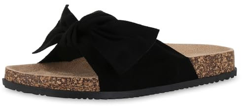 VAN HILL Damen Pantoletten Flach Schleifen Bequem Schuhe 215905 Schwarz 37