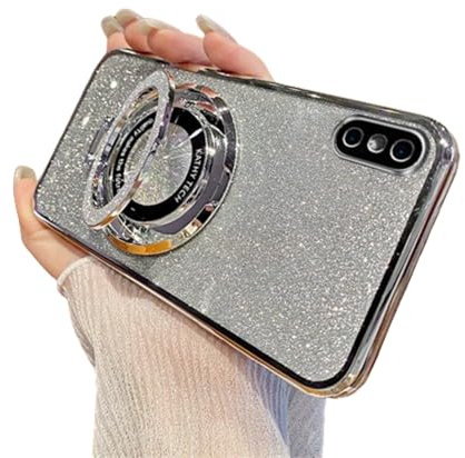 SIYOPINPFY Case for iPhone Xs Max Case Glitter Sparkly Deluxe Plating Silicon TPU Soft Cover Lens Protector ∣Wireless Charging Compatible∣ with Ring Stand Holder Cover for iPhone Xs Max, Shiny Silver