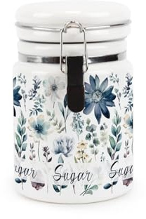 Purely Home Blue Pastel Flowers Sugar Canister - Pretty Watercolour Floral Gifts - Ceramic Kitchen Food Storage Container with Clip Lid 400ml (13.5cm x 8.5cm)