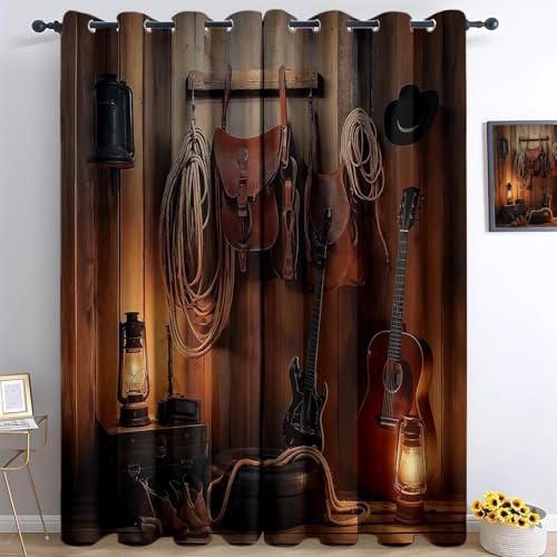Generisch Blickdicht Vorhang Ösenschal Verdunkelungsvorhang 3D Vintage Scheune Satteltasche Gitarre Gardinen Kinderzimmer Wohnzimmer Thermovorhang Polyester Vorhänge 183 x 117 cm 2Er Set