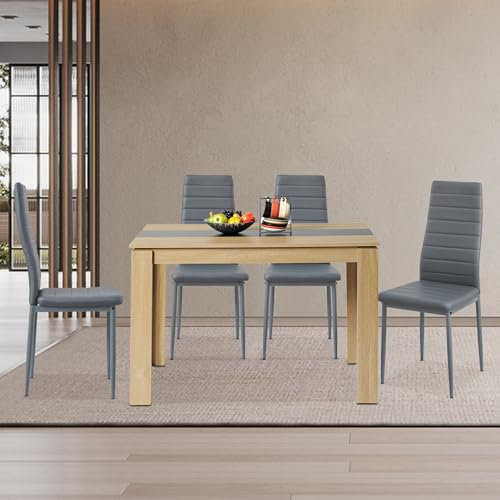 FURNITABLE Esstisch mit 4 Stühlen Esszimmergruppe, Essgruppe mit Hochlehner Kunstleder Stuhl für 4 Personen, Sitzgruppe für Küche Esszimmer Wohnzimmer(120cm Eiche-Schwarz Tisch+4 Grau Stühle)