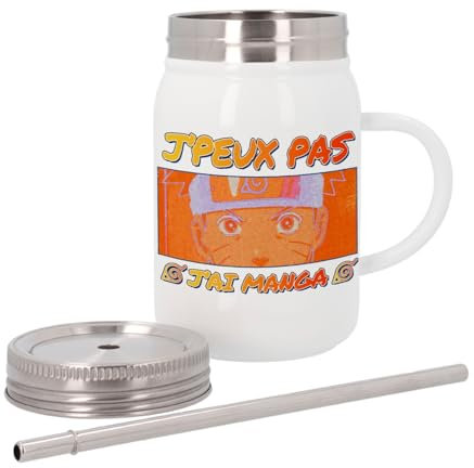 Tazza termica in acciaio inox con coperchio e cannuccia, motivo: J'peux Pas J'ai Manga Uzumaki Anime Otaku Manga Fanart – 500 ml – Tazza termica