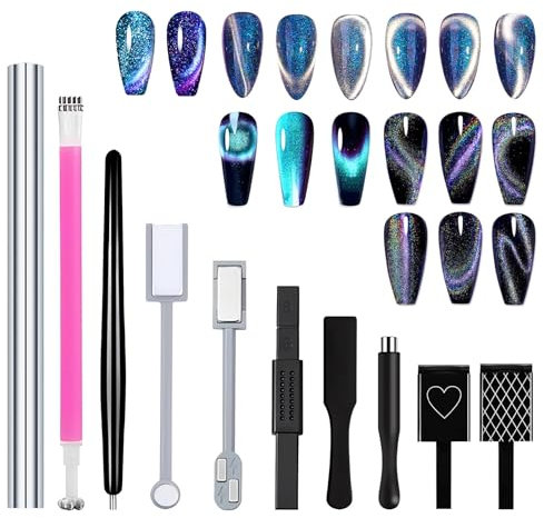 MADGININE 10 Pcs Nail Magnet Tool Set, Cat Eye Magnet Nail Polish Kit, Double-head Nail Magnet Pen, Cat Eye Nail Polish Strong Magnet, Cat Eye Nail Magnet Tool for Nail DIY Salons Nail Art