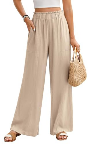 Niwicee Leinenhose Damen Sommer Musselin Hose Leinen Casual Weite Bein Elastische High Waist Hose Palazzo Hosen mit Taschen (Khaki, M)