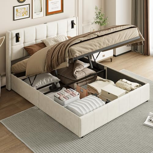BPKADHY Bettkasten, 160 x 200 cm mit Stauraum, gepolstertes Bett mit LED mit USB und Typ-C, für Erwachsene, Velours, doppelt gepolstert (Beige, 160 x 200 cm)
