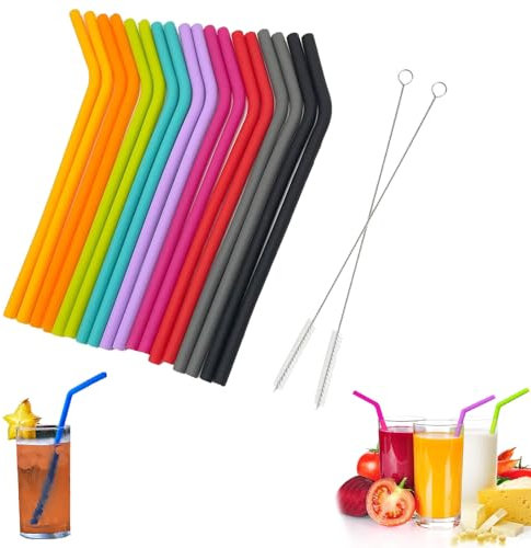 20Pcs Silicone Straws Reusable with 2 Cleaning Brushes, Colorful Straws Drinking Plastic, Reusable Straws Drinking, Reusable Straw for Family Bars Cafes Restaurants BBQ Parties Celebrations