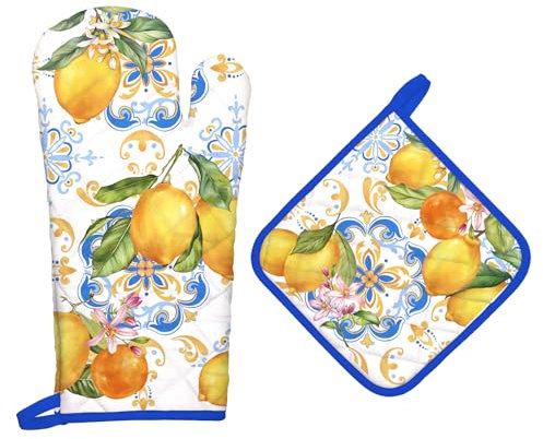 Arquiel Summer Lemon Oven Mitts and Pot Holders -100% Cotton, Heat Resistant Extra Long Oven Gloves & Hot Pads for Cooking BBQ Grilling Baking Gift, Set of 2