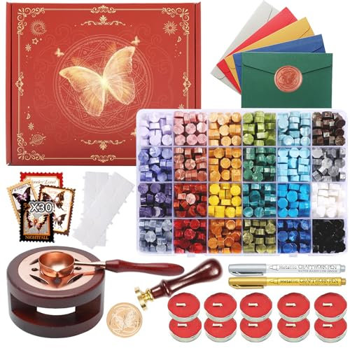 Comealltime Wachssiegel Stempel Set, 630 Stück Wachssiegelperlen Siegelwachs Set mit Schmetterling Siegelstempel, Siegelwachswärmer, Schmelzlöffel, Teelichte, Umschläge, DIY Hochzeit Einladung Decor