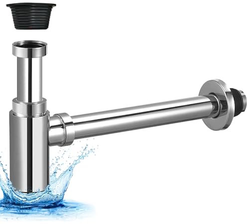 WANDGU Sifón de acero inoxidable: sifón universal para lavabo de baño y lavabo, sifón de botella en 1 1/4 con manguito de goma e instrucciones (idioma español no garantizado), tapón de olor para