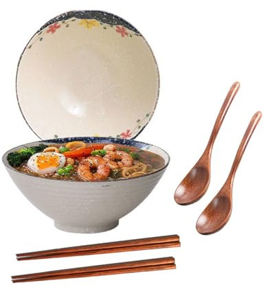 Ceraozmus 2 x 40 OZ Ceramic Ramen Bowls, 8 in Large Japanese Noodle Soup Bowl, Match Chopsticks and Spoons, Suitable for Pho, Udon Asian Noodles (Colorful Flowers 2 Set)