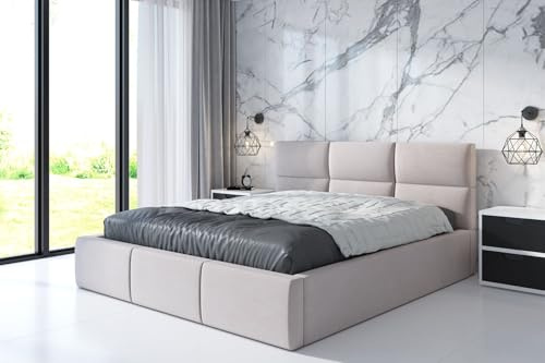 A&J MöbelLand Polsterbett 140x200 mit Bettkasten und Lattenrost – Emili, Bett mit Matratze und Stauraum in Beige