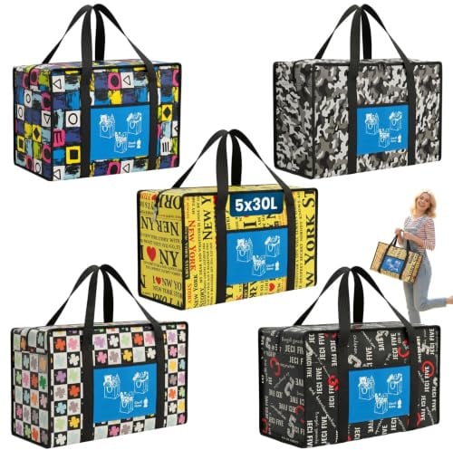 5er-Set Einkaufstaschen mit Reißverschluss & Vordertasche 30L Extrem strapazierfähige & wiederverwendbare Tragetaschen für Einkauf, Picknick, Strand, Reisen & Aufbewahrung | Claudi Home