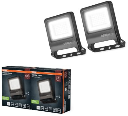 Osram Projecteur LED ENDURA FLOOD PC 30 W, blanc froid 4 000 K, 3 000 lumens, IP65, aluminium 100% recyclé, support de montage 180°, 100 lm/W, gris,2-Pack