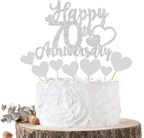 Joyeah Happy Anniversary Cake Topper Decorations Silver Glitter Wedding Anniversary Cake Topper Supplies Party Cake Decor (Silver 70th)