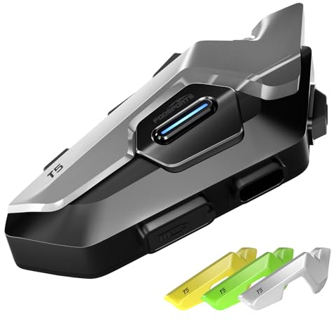Fodsports T5 Intercom Moto Bluetooth 5.4 avec Assistant Vocal en 9 Langues | Système de Communication Moto avec Partage de Musique, Radio FM, Autonomie de 30 Heures, Étanche IP67, Mains Libres(1 Unité)