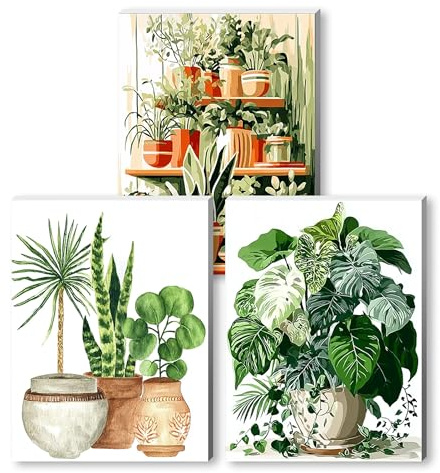 Generisch 3 Stück Grüne Pflanzen Malen Nach Zahlen Erwachsene mit Rahmen,Blumentopf Paint by Numbers Adults,Diy Malen Nach Zahlen klein Set Handgemalt Kreativ Bastelset für Geschenk Heimdekoration.
