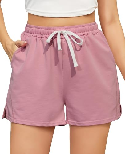Vlazom Short de Sport Femme en Coton Haute Qualité avec Taille Ajustable et Poches,Rose Foncé,S