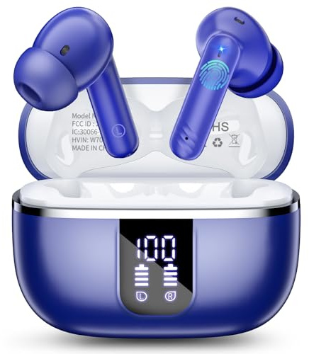 OWMSIC Bluetooth Kopfhörer In Ear, Kabellose Kopfhörer Bluetooth 5.4 mit 4 ENC Mikrofonen, 46 Std Spielzeit LED-Display, IP7 Wasserdicht, Tiefer Bass Touch-Steuerung für Sport Arbeit Reisen, Blau
