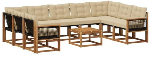 vidaXL Outdoor-Sofagarnitur mit Kissen 10 pcs Natur und Beige, Moderne Gartenmöbel, Akazienholz-Sofa, Textilene-Rücken, strapazierfähige Sitzmöbel, Bequeme Liegeplätze