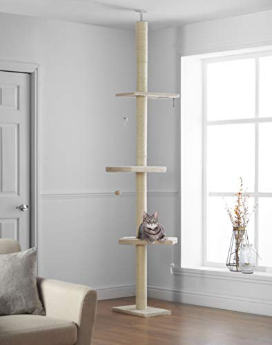 Arbre à Chat Haut 215cm - 280cm, du Sol au Plafond | Tour Griffoir, Poteau avec étagères en Bois