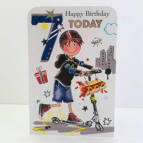 Jonny Javelin Geburtstagskarte zum 7. Geburtstag, Junge auf Roller