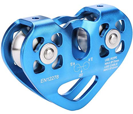Wandisy Verrückter Kletterrolle, 30KN Doppelrolle Zip Line Rettungskabel Trolley Outdoor Kletterausrüstung(Blau)