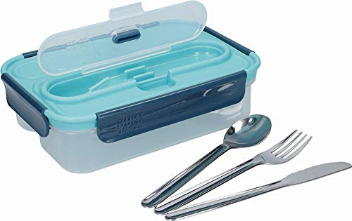 Built Bento Leakproof Lunch Box with Stainless Steel Cutlery, Plastic, Green/Teal, 23.5 x 17 x 6.5 cm