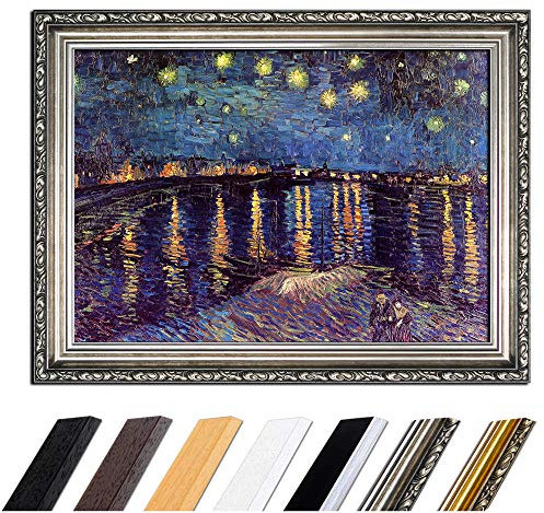 Bild mit Rahmen - Vincent van Gogh Sternennacht über der Rhône 110x85 cm - Gerahmtes Leinwandbild Alte Meister - Antiker Rahmen Silber Barock, Klassisch