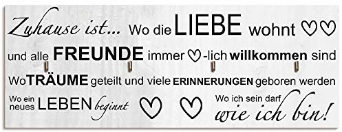 ARTLAND Schlüsselbrett Schlüssel Schmuck Organizer Hakenleiste Deko Wandhalterung Holz mit 4 Haken 40x15 cm Spruch Familie Grau T9IR