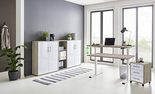 Büromöbel komplett Set mit elektrisch höhenverstellbaren Schreibtisch Arbeitszimmer e-Dition in Eiche Sonoma/Weiß Matt Gestell Weiß (Set 8)