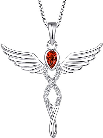 FJ Engelsflügel Kette Damen 925 Sterling Silber Schutzengel Anhänger Halskette Infinity Unendlichkeit Granat Januar Geburtsstein Schmuck Geschenke für Frauen Mädchen