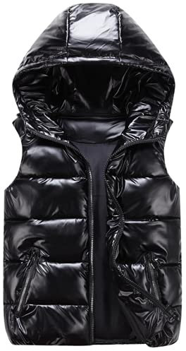 QWEZXCMI Unisex Weste, 2021 Winter Warme Männer Leichte Kapuzenkugeln Daunenweste Ärmellose Gesteppte gepolstete glänzende Gilet, Kapuzenweste für Männer und Frauen,Schwarz,M