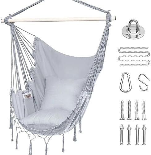 Chaise Hamac Suspendue avec Coussins - Max 150 kg avec Deux Coussins Kit Matériel de Suspension Sac, Chaise Balançoire Suspendue en Coton pour Intérieur, Extérieur, Maison, Patio, Cour (Gris Clair)