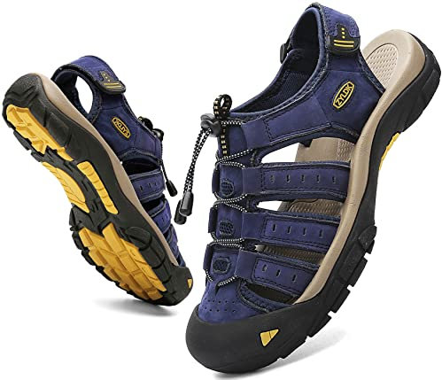 ZYLDK Sandalias de Senderismo para Hombres Verano Exterior Deportivas Zapatos Trekking Casual Zapatos de Montaña Cuero Sandalias de Playa Antideslizante Verano,Azul,42