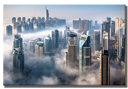 Leinwandbild Dubai Panorama Aussicht | 120 x 80 cm Querformat | Bild Leinwand Wandbild | Skyline Wolken Ausblick Dächer Metropole | Home Deko | modern Hingucker | Wohnzimmer Schlafzimmer XXL groß neu