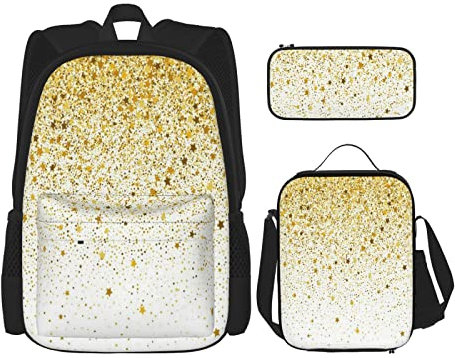 3-teiliges Set Rucksäcke, abstrakte goldene Textur, Glitzer auf weißem Hintergrund, wie Konfetti, Explosion, Büchertasche, Reisen, Arbeit, Schultasche, Federmäppchen, Lunchpaket, Kombination für Män