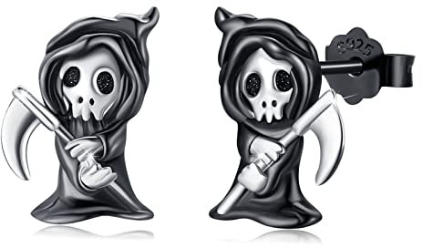 Reaper Ohrringe 925 Sterling Silber Schwarze Sensenmann Ohrringe Kleine Skelett Ohrstecker Halloween Sensenmann Schmuck Party Geschenk für Damen Männer