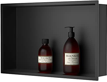 Bernkot Nicchia doccia in acciaio inox, 50,8 x 30,5 cm, nero opaco, nessuna piastrella necessaria, mensola da incasso a parete per bagno, installazione sopra montaggio