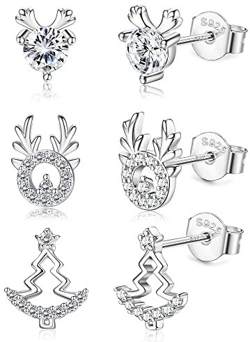 YADOCA 3 Paar Sterling Silber Weihnachten Ohrringe Weihnachten Geschenke für Frauen Mädchen Kinder Hypoallergen Elch Weihnachtsbaum Schneeflocke Ohrringe Weihnachtsschmuck