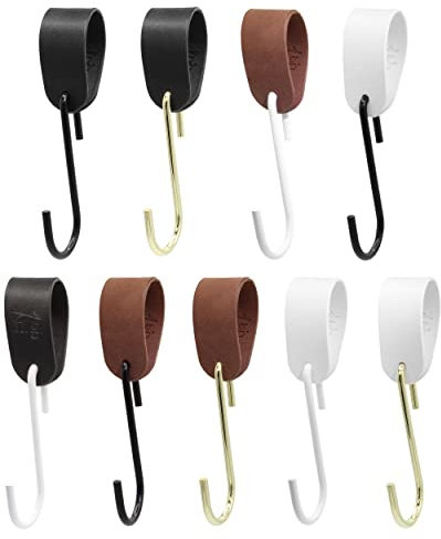 Garderobenhaken GARD Schlaufe mit S-Kleiderhaken | Lederschlaufe veganes PU-Leder | Dekoratives Lederband für Garderobenstangen, Kleiderständer, Lederriemen (braunes Band / goldener Haken, 6er Set)