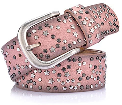 Damen Ledergürtel Mit Nieten in Runder & Sterne Anordnung Für Punk Rock Biker Rocker Hip Hop Oder Jeans Hosen Kleider,Rosa,110cm/waist:36~38