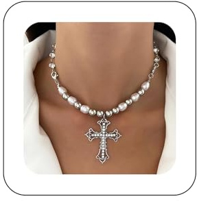 Yienate Collana Choker Gotico di Cristallo e Perle - Croce Crocifisso con Strass Pave - Pendente in Argento - Gioielli Punk per Donne