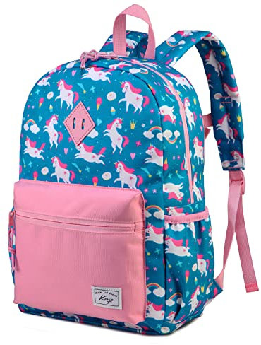 Kasgo Kinderrucksack Jungen, Niedlich Schulrucksack für 6-8 Jährige Mädchen Wasserabweisend Tagesrucksack Vorschulrucksack Kindergartentasche mit Brustgurt Blau Einhorn